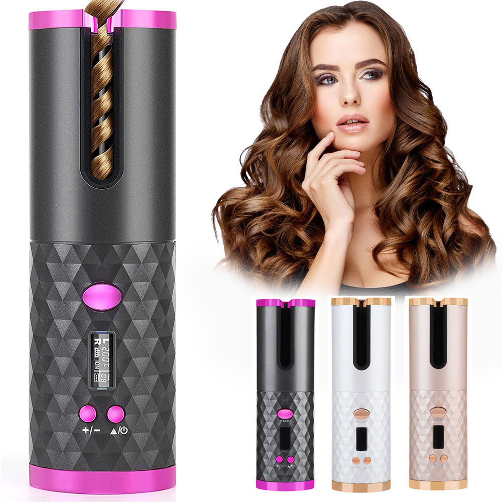 Rechargeable Automatic Hair Curler – Portable Ceramic Curling Iron with LCD Display & Rotating Barrel – USB Rechargeable Cordless Hair Styler