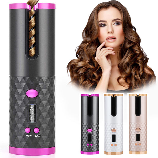 Rechargeable Automatic Hair Curler – Portable Ceramic Curling Iron with LCD Display & Rotating Barrel – USB Rechargeable Cordless Hair Styler
